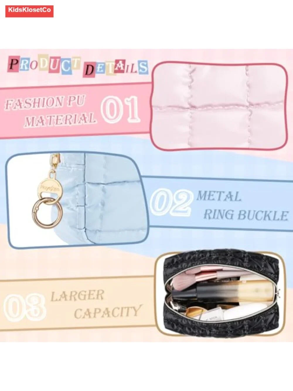 Quilted PU Cosmetic Bag Pouch Travel Toiletry Organizer Small Makeup Purse